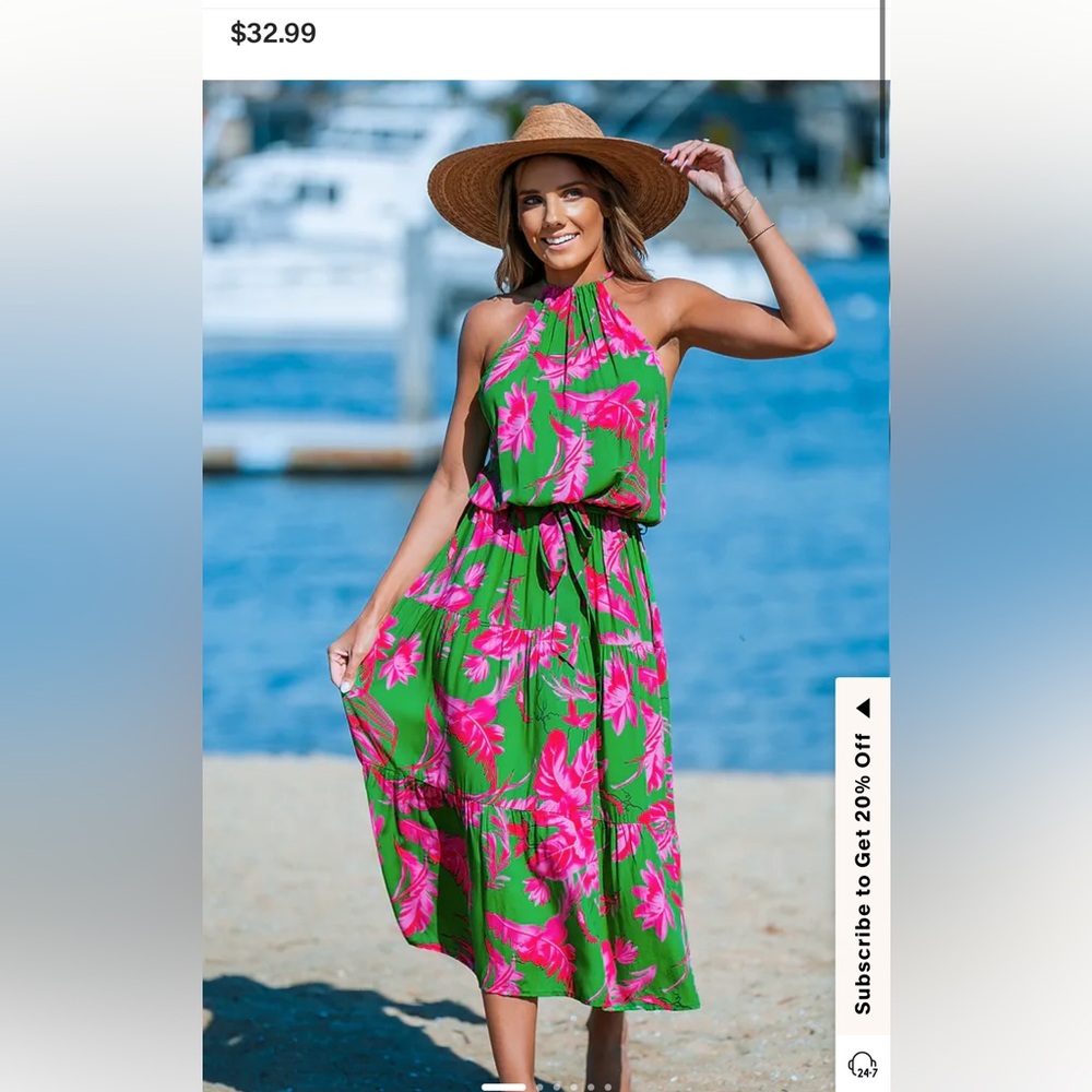 CUPSHE Green Halter Dress with Pink Floral Print Belt and Pockets